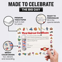 Load image into Gallery viewer, Bulk Case of 50 Sets - First Haircut Certificates | My First Haircut Award Certificate Keepsake for Baby and Kids, 8" x 10" (Pack of 25)
