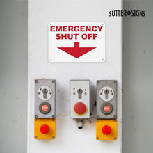 Load image into Gallery viewer, Bulk Case of 50 Sets - Emergency Shut Off Aluminum Sign, 10x7, Rust-free Aluminum Sign with Pre-drilled Mounting Holes by Sutter Signs
