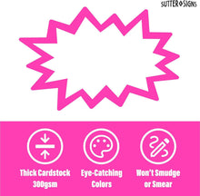 Load image into Gallery viewer, Bulk Case of 96 Sets - Starburst Signs with Stickers 100pcs | 50pcs Price Sign Cards &amp; 50pcs Strong Sticker Dots. 4x6 inch (Neon)