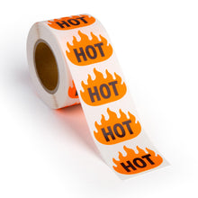 Load image into Gallery viewer, Bulk Case of 100 Rolls - Hot Flame Stickers (500pcs), Spicy Food &amp; Rave Decals 1.6"x1.2"