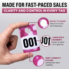 Load image into Gallery viewer, Bulk Case of 75 Sets - Live Plastic Number Tags for Hangers, 001-100 Consecutively Numbered, Mirror Image Number Cards for Live Sales, 3.25" x 2" Cards (Spotlight)