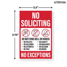 Load image into Gallery viewer, Bulk Case of 250 Sets - 4pk No Soliciting Sticker Sign for House | No Soliciting No Exceptions Detailed Signs for Front Door or Business | Weatherproof Vinyl Decals, 3.75" x 5.5"