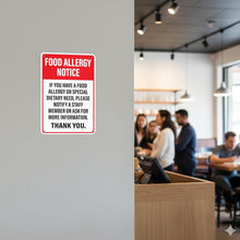 Load image into Gallery viewer, Bulk Case of 50 Sets - Food Allergy Notice Sign for Restaurants, Food Trucks, Cafes, Aluminum Safety Notice Sign, 12" x 8"