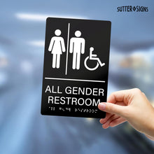 Load image into Gallery viewer, Bulk Case of 100 Sets - All Gender Restroom Sign with Braille 6" x 9", Black/White, Self-Adhesive Plastic Gender Neutral Handicapped Accessible Restroom Sign
