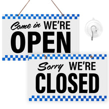 Load image into Gallery viewer, Bulk Case of 100 Sets - Open Closed Sign for Business, 10" x 6" Double Sided Plastic Sign with Twine, Suction Cup Hook, Business Hours (Blue Checker)