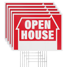Load image into Gallery viewer, Bulk Case of 12 Sets - 5pk Open House Signs for Real Estate | House For Sale Yard Sign Supplies | Corrugated Plastic with Metal H Frame Stakes, 16&quot; x 12&quot;
