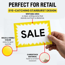 Load image into Gallery viewer, Bulk Case of 60 Sets - Sale Signs for Retail Stores for Yard Sale, Garage Sale 50pcs, 4.5" x 6.5", Yellow Starburst Paper Card Price Tags for Yard Sale, Garage Sale