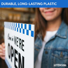 Load image into Gallery viewer, Bulk Case of 100 Sets - Open Closed Sign for Business, 10" x 6" Double Sided Plastic Sign with Twine, Suction Cup Hook, Business Hours (Blue Checker)