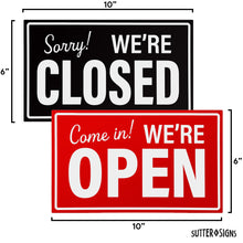 Load image into Gallery viewer, Bulk Case of 125 Sets - Open Closed Sign for Business, 10" x 6" Double Sided Plastic Sign with Twine, Suction Cup Hook, Business Hours (Black/Red)