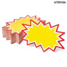 Load image into Gallery viewer, Bulk Case of 60 Sets - Starburst Signs with Stickers 300pcs | Price Tags for Yard, Estate, Garage Sale, Retail Store. 150pcs Cards &amp; 150pcs Sticker Dots. Assorted Sizes 2x3, 3x5, 4x6 inch (Yellow)