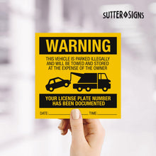 Load image into Gallery viewer, Bulk Case of 63 Sets - Illegally Parked Warning Stickers (Pack of 25) | Tow Away Warning Sign for Illegal Car Vehicle Parking Violation