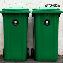 Load image into Gallery viewer, Bulk Case of 250 Sets - 3pk Trash Stickers | 4" Weatherproof Decals for Outside Waste, Garbage Cans, and Trash Bins