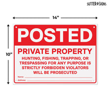 Load image into Gallery viewer, Bulk Case of 50 Sets - Posted Private Property Signs 4 PK | No Hunting No Trespassing PVC Signs with Mounting Holes, 14" x 10"