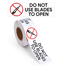 Load image into Gallery viewer, Bulk Case of 100 Sets - 250pcs Do Not Use Blade to Open Stickers 1.5" x 5", Shipping Receiving Labels, Do Not Use Sharp Objects to Open Box