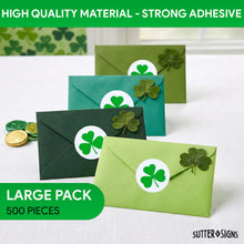 Load image into Gallery viewer, Bulk Case of 100 Rolls - 500pcs Clover Stickers, 1" Diameter St. Patrick's Day Shamrock Perforated Sticker Roll