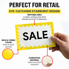 Load image into Gallery viewer, Bulk Case of 30 Sets - Sale Signs for Retail Stores 50pcs, 5.5" x 7.5", Yellow Starburst Paper Card Price Tags for Yard Sale, Garage Sale
