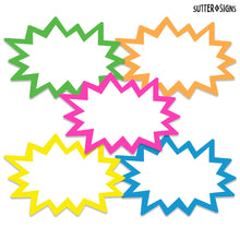Load image into Gallery viewer, Bulk Case of 150 Sets - Starburst Signs with Stickers 100pcs | 50pcs Price Sign Cards &amp; 50pcs Strong Sticker Dots. 2x3 inch (Neon)