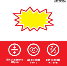 Load image into Gallery viewer, Bulk Case of 150 Sets - Starburst Signs with Stickers 200pcs | 100pcs Sign Cards &amp; 100pcs Sticker Dots. 2x3 inch (Yellow)