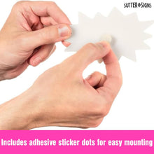 Load image into Gallery viewer, Bulk Case of 150 Sets - Starburst Signs with Stickers 100pcs | 50pcs Price Sign Cards &amp; 50pcs Strong Sticker Dots. 2x3 inch (Neon)