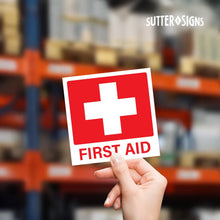 Load image into Gallery viewer, Bulk Case of 168 Sets - First Aid Stickers 10-Pack | Square 5.5-inch by Sutter Signs