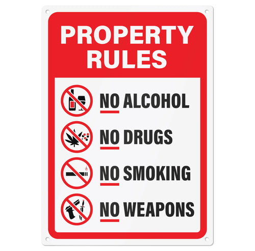 Bulk Case of 60 Signs - No Alcohol No Drugs No Smoking No Weapons | Property Rules Sign 10x14 Inch Rust-free Aluminum