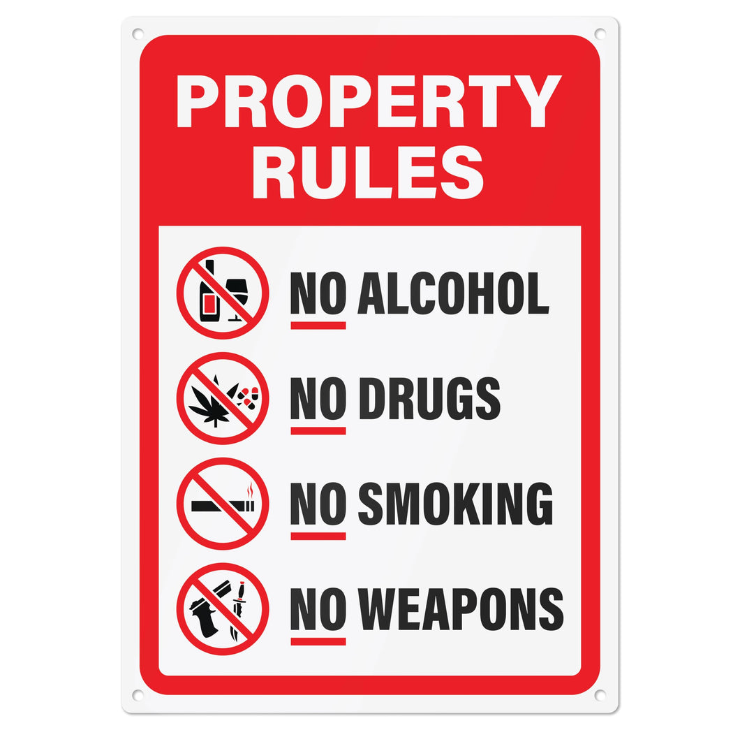 Bulk Case of 60 Signs - No Alcohol No Drugs No Smoking No Weapons | Property Rules Sign 10x14 Inch Rust-free Aluminum