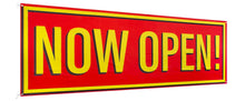 Load image into Gallery viewer, Bulk Case of 100 Signs - Now Open Banner, 3&#39; x 8&#39; Open Sign for Businesses, Shops, Polyester Banner with Grommets, Rope Included for Easy Installation