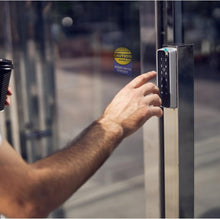 Load image into Gallery viewer, Bulk Case of 250 Sets - 2pk Caution Automatic Door Activate Switch to Operate Stickers, Double Sided Weatherproof Vinyl, 6" Diameter
