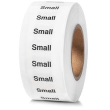 Load image into Gallery viewer, Bulk Case of 100 Rolls - 250pcs Small Clothing Size Strip Labels, 1.25&quot; x 5&quot;, Small, 250 Labels/Roll, Clear Size Strip Sticker for Shirts, Pants, Accessories, Retail Clothing