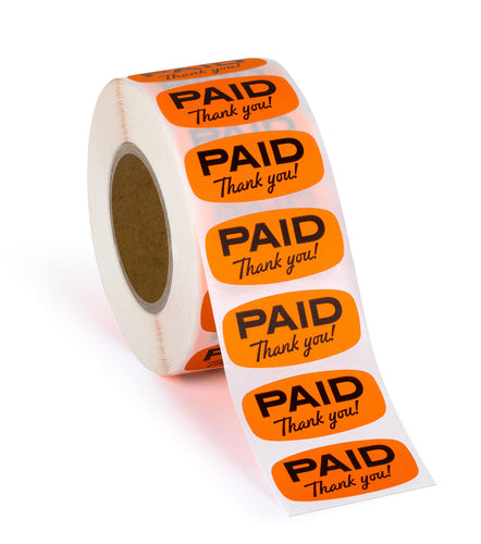 Bulk Case of 100 Rolls - 1000 pcs Paid Stickers Self Adhesive Labels Bright Orange 1 Roll by Sutter Signs
