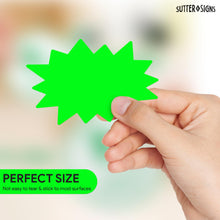 Load image into Gallery viewer, Bulk Case of 50 Sets - Starburst Price Tag Stickers, 3" x 5" Fluorescent Green Starburst Signs, Removable Adhesive, 250pcs