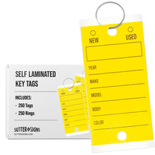 Load image into Gallery viewer, Bulk Case of 24 Sets - 250 Self-Protecting Paper Key Tags with Metal Rings | Self Laminated Car Key Tags with Labels (Yellow)