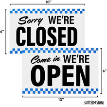 Load image into Gallery viewer, Bulk Case of 100 Sets - Open Closed Sign for Business, 10" x 6" Double Sided Plastic Sign with Twine, Suction Cup Hook, Business Hours (Blue Checker)