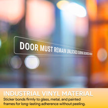 Load image into Gallery viewer, Bulk Case of 100 Signs - This Door To Remain Unlocked During Business Hours Sign Adhesive Decal, Clear Sticker 2x24 inches