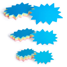 Load image into Gallery viewer, Bulk Case of 60 Sets - Starburst Signs with Stickers 300pcs | Price Tags for Yard, Estate, Garage Sale, Retail Store. 150pcs Cards &amp; 150pcs Sticker Dots. Assorted Sizes 2x3, 3x5, 4x6 inch (Solid Neon)