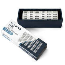 Load image into Gallery viewer, Bulk Case of 20 Sets - 1500pcs Clothing Size Strip Labels Box Set, 1.25&quot; x 5&quot;, 6 Rolls (XS, S, M, L, XL, XXL), 250/Roll, Clear Size Sticker Labels for Shirts, Pants, Accessories, Retail Clothing