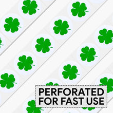 Load image into Gallery viewer, Bulk Case of 100 Rolls - 4 Leaf Clover Stickers, 1" Diameter 500pcs, St. Patrick's Day Shamrock Perforated Stickers, 500pcs