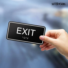 Load image into Gallery viewer, Bulk Case of 100 Signs - Exit Sign with Braille, Black, Self Adhesive ADA Building Sign, 6&quot; x 3&quot;
