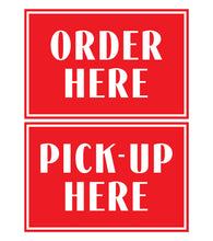 Load image into Gallery viewer, Bulk Case of 250 Sets - Order Here Pick Up Here Sign Stickers Set | Coffee Bar, Food Truck, Ice Cream Shop, Store Display and Decor Signs. Outdoor Rated Vinyl Decals, 8" x 12"