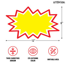 Load image into Gallery viewer, Bulk Case of 50 Sets - Starburst Signs with Stickers 20 ct | Sale Price Tags for Garage Sale, Estate Sale, Yard Sale, Retail Supplies. 20pcs Price Sign Cards &amp; 40pcs Strong Sticker Dots. 8x12 inch (Yellow)