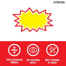 Load image into Gallery viewer, Bulk Case of 144 Sets - Starburst Price Tags with Stickers 100pcs 3x5 inch (Yellow), 50pcs Cards &amp; 50pcs Sticker Dots, Sale Signs for Retail Store, Clearance Promo, Garage Sale, Yard Sale