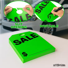 Load image into Gallery viewer, Bulk Case of 20 Sets - SALE Mirror Hang Tags | Car For Sale Signs for Vehicle Window | Auto Dealership Supplies | Neon Green, 8.5&quot; x 11&quot; (Pack of 50)