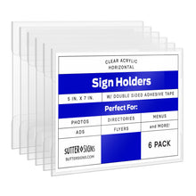Load image into Gallery viewer, Bulk Case of 34 Sets - 6pk Acrylic Wall Sign Holders 5x7 | Horizontal Wall Frame Document Holder with Strong Adhesive Tape to Mount