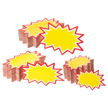 Load image into Gallery viewer, Bulk Case of 60 Sets - Starburst Signs with Stickers 300pcs | Price Tags for Yard, Estate, Garage Sale, Retail Store. 150pcs Cards &amp; 150pcs Sticker Dots. Assorted Sizes 2x3, 3x5, 4x6 inch (Yellow)