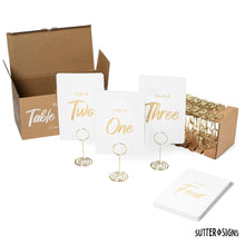Load image into Gallery viewer, Bulk Case of 20 Sets - Wedding Table Numbers 1-30 Gold Card Holders Set | Elegant Table Seating Signs for Wedding Receptions