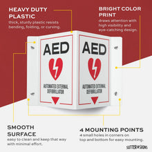 Load image into Gallery viewer, Bulk Case of 100 Signs - AED Wall Mount Sign | 3D Projecting Automated External Defibrillator Safety Signage for the Workplace, 6" x 8" x 4"