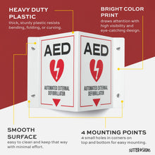 Load image into Gallery viewer, Bulk Case of 50 Sets - AED Wall Mount Sign 2-Pack | 3D Projecting Automated External Defibrillator Safety Signage for the Workplace, 6&quot; x 8&quot; x 4&quot;