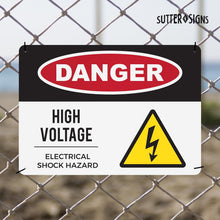 Load image into Gallery viewer, Bulk Case of 50 Signs - Danger High Voltage Aluminum Sign | Electrical Shock Hazard Caution Sign | Pre-drilled Mounting Holes, 10" x 14"