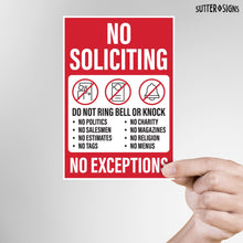 Load image into Gallery viewer, Bulk Case of 250 Sets - 4pk No Soliciting Sticker Sign for House | No Soliciting No Exceptions Detailed Signs for Front Door or Business | Weatherproof Vinyl Decals, 3.75" x 5.5"