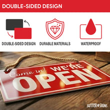 Load image into Gallery viewer, Bulk Case of 125 Sets - Open Closed Sign for Business, 10" x 6" Double Sided Plastic Sign with Twine, Suction Cup Hook, Business Hours (Black/Red)